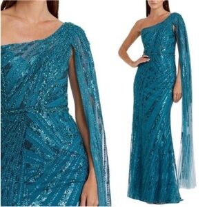Mac Duggal 20528 One Shoulder Cape Sleeve Embellished Gown Ocean Blue Sz. 14 NEW